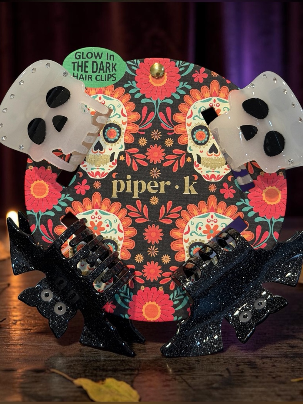 Piper K Glow-In-The-Dark Halloween Skull & Glitter Bat Hair Claw Clips